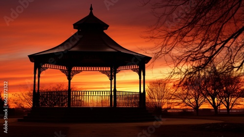 Silhouette of a gazebo at sunset.