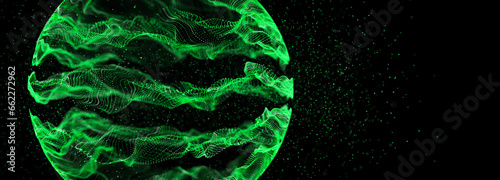 Circle structure with glowing particles. Abstract wave moving dots. Digital illustration. 3D rendering. Technology concept.