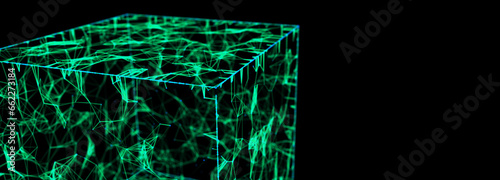 Abstract cube with network connection. Big Data. Glowing lines. 3D rendering.