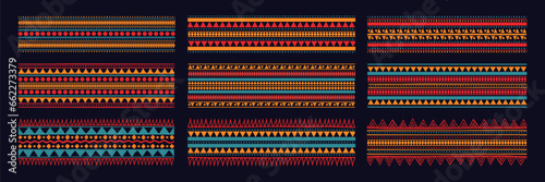 Set of tribal aztec pattern banner background. Ethnic border style vector seamless pattern. Ethnic embroidery seamless border template. Gypsy geometric motif, mexico or african print design