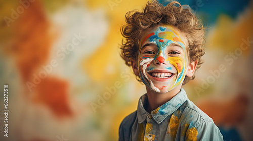 Face of young happy boy with face art. Soccer team fan, sport event, face art and patriotism concept. Studio shot copy space