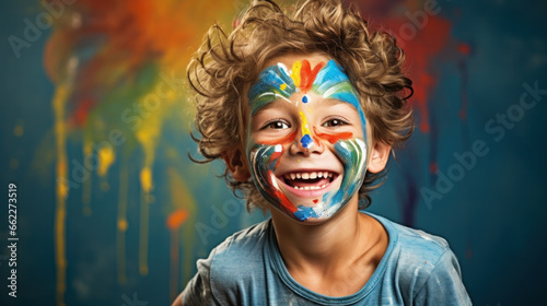 Face of young happy boy with face art. Soccer team fan, sport event, face art and patriotism concept. Studio shot copy space
