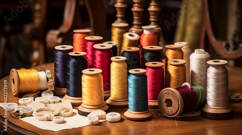 Spools of thread on a wooden table with various types of fabric.
