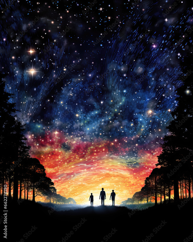 Silhouette of a family standing in the woods with starry sky