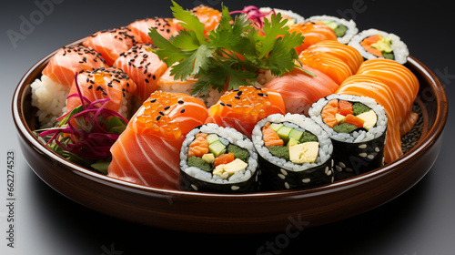 plate of colorful sushi rolls, featuring a variety of fish and vegetables