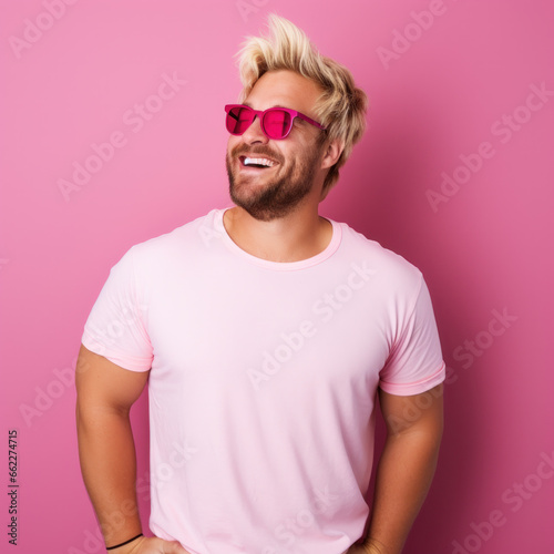 Face of happy overweight man wearing sunglasses looking at camera on pink studio background photo
