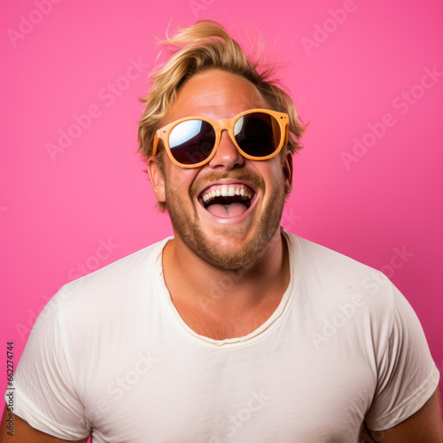 Face of happy overweight man wearing sunglasses looking at camera on pink studio background photo