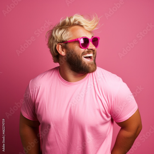 Face of happy overweight man wearing sunglasses looking at camera on pink studio background