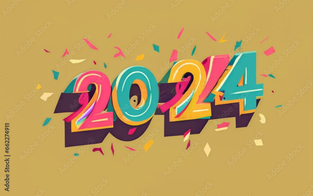 Happy New Year 2024 text design. Brochure design, invitation, template, calendar, card, banner. Retro style. Generative AI Happy New Year 2024 text design. Brochure design, invitation, template, calendar, card, banner. Retro style. Generative AI
