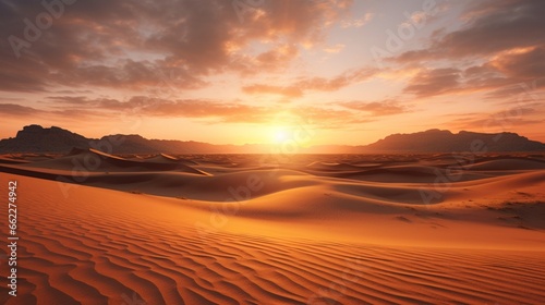 Sun setting over a barren desert with sand dunes casting long shadows.