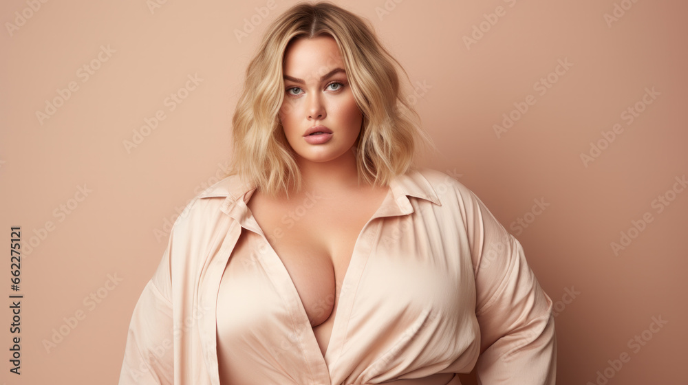 Excited luxury plus size woman in front of a studio background Excited luxury plus size woman in front of a studio background