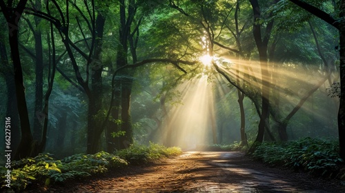 Sunbeams shining through a teak tree forest © Samia