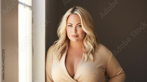 Excited luxury plus size woman in front of a studio background