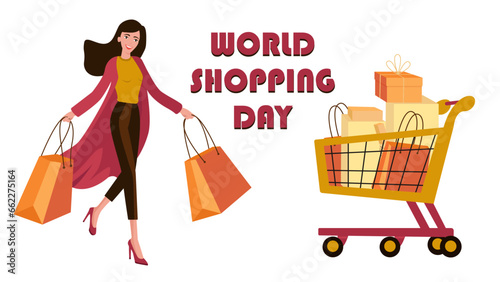 World Shopping Day. Happy woman shopping. Shopping cart with boxes.
