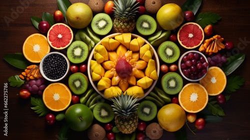 Symmetrical arrangement of tropical fruits on a table.