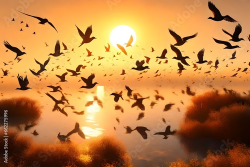 birds in flight during a breathtaking sunset, showcasing the warm, golden hues of the setting sun and the graceful movement of the avian creatures. © Areesha