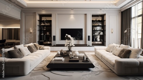 Symmetrical design of a modern living room interior.