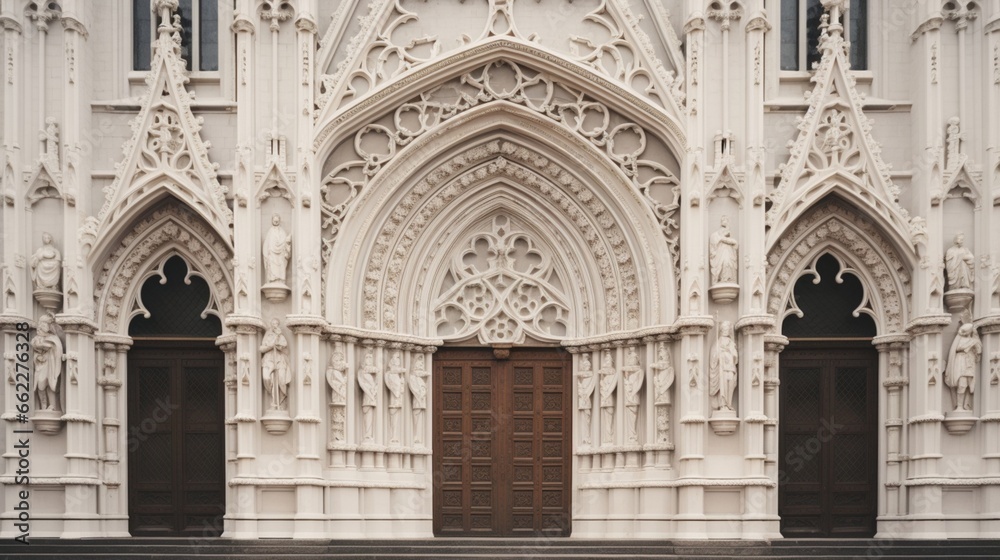 Symmetrical facade of an ornate cathedral.