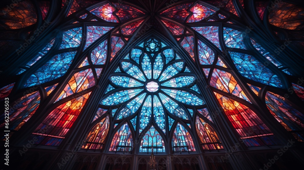 Symmetrical shot of a cathedral's stained glass window.