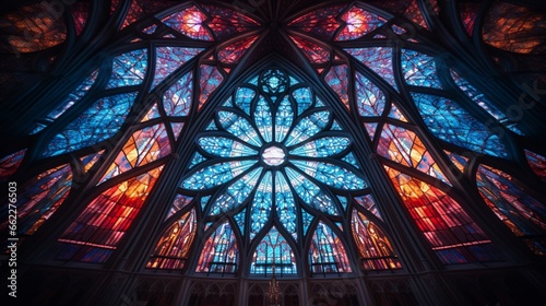 Symmetrical shot of a cathedral's stained glass window.