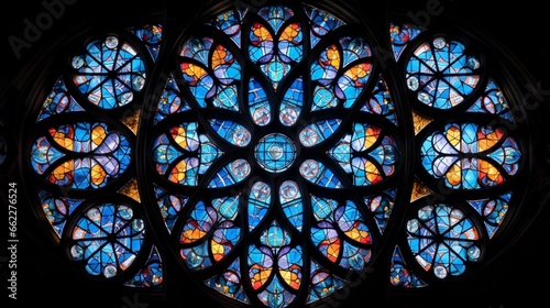 Symmetrical shot of a cathedral s stained glass window.