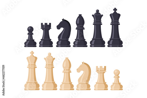 Black and white chess pieces icon isolated on flat background, Set of flat style chess pieces