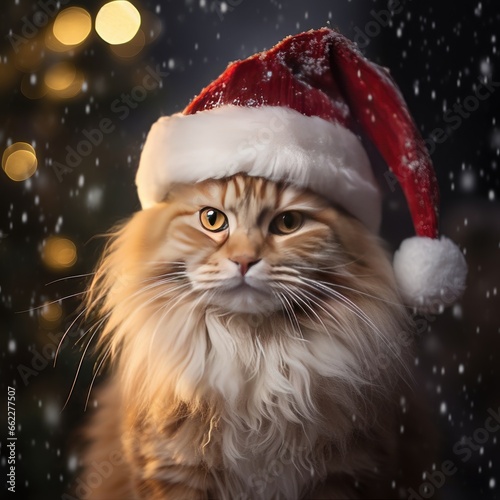 Domestic cat in winter hat outdoors in winter © cherezoff
