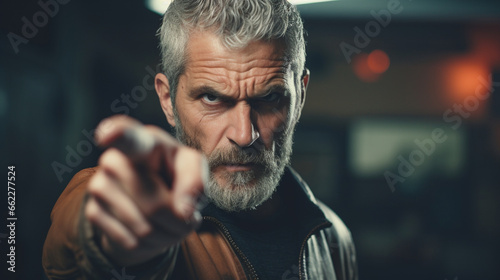 portrait of a handsome older man angrily pointing finger at camera photo