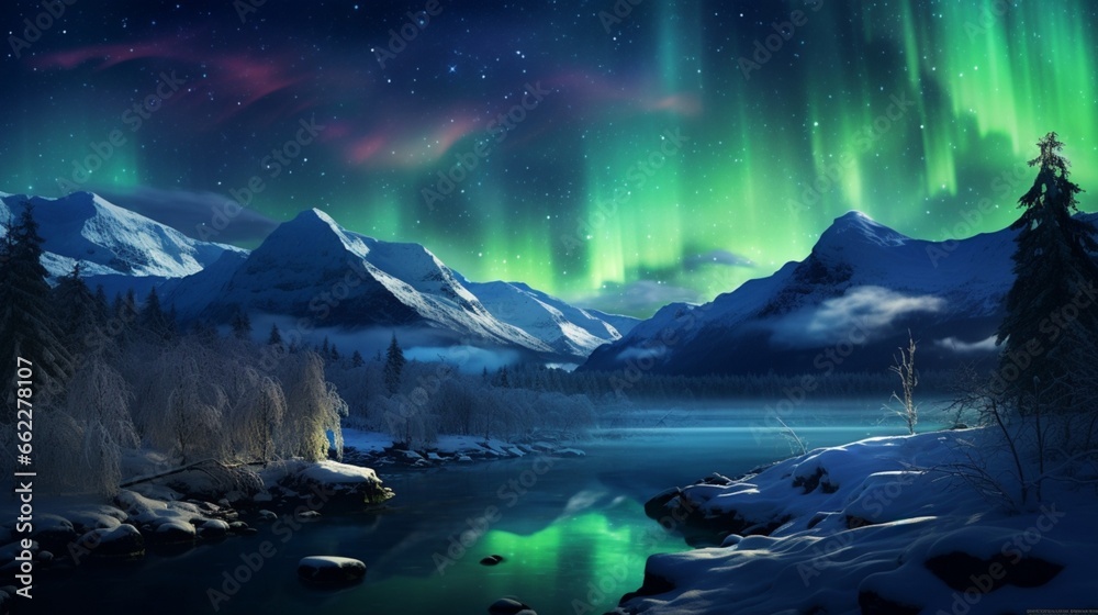 The Northern Lights illuminating a snowy landscape.