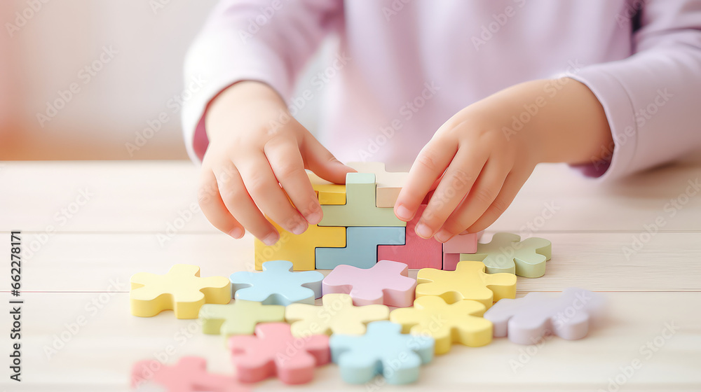 Close-up of children hands playing with a wooden block constructor. Developmental toys made of natural eco materials, early education. Close-up of children hands playing with a wooden block constructor. Developmental toys made of natural eco materials, early education.
