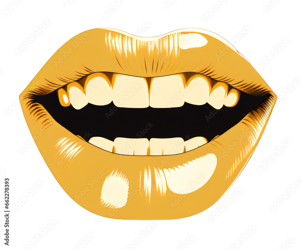 Smiling female lips with yellow vibrant lipstick, lip gloss, cartoon style .Isolated on transparent background. Smiling female lips with yellow vibrant lipstick, lip gloss, cartoon style .Isolated on transparent background.