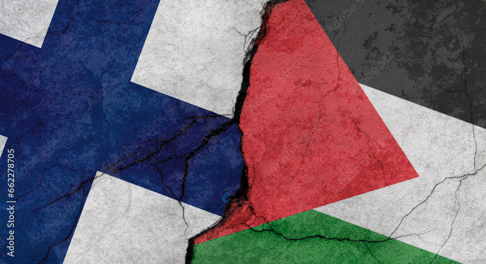 Finland and Palestine flags, concrete wall texture with cracks, grunge background, military conflict concept Finland and Palestine flags, concrete wall texture with cracks, grunge background, military conflict concept