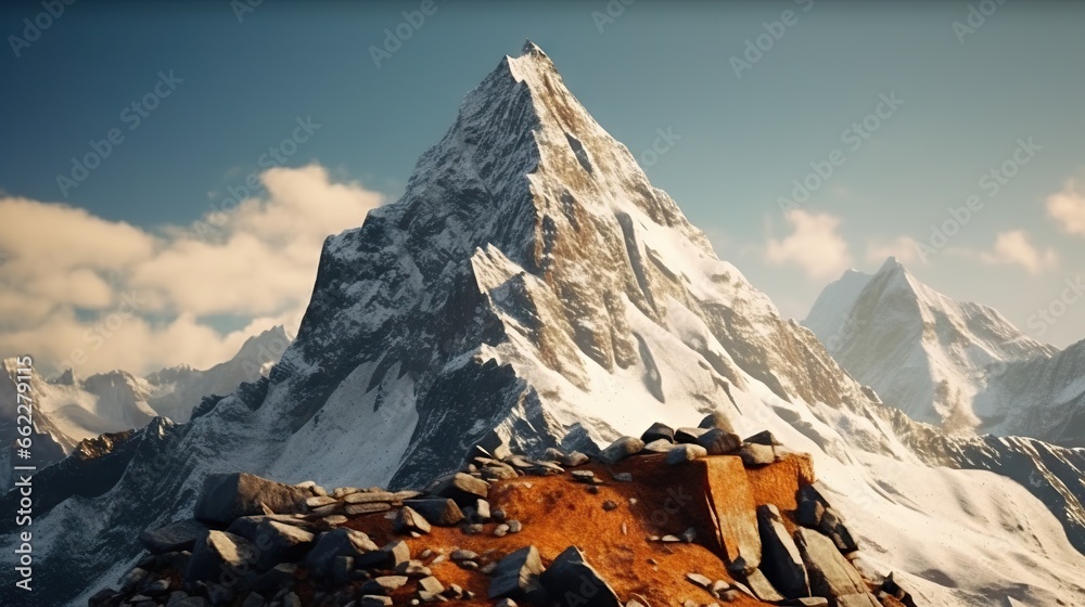  a mountain with a pile of rocks on top of it.  generative ai