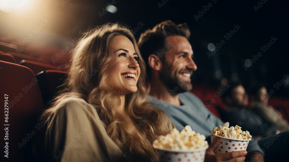A couple in love sharing popcorn in a dimly lit cinema, blurred background A couple in love sharing popcorn in a dimly lit cinema, blurred background