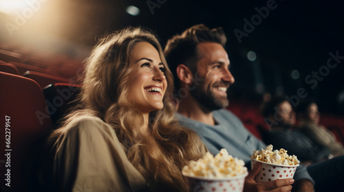 A couple in love sharing popcorn in a dimly lit cinema, blurred background