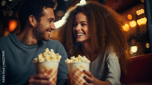 A couple in love sharing popcorn in a dimly lit cinema  blurred background