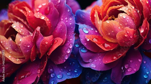  a close up of two flowers with water droplets on them.  generative ai