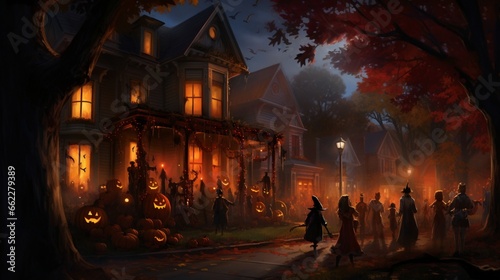 Trick-or-treaters in costumes laugh as they approach a warmly lit house.