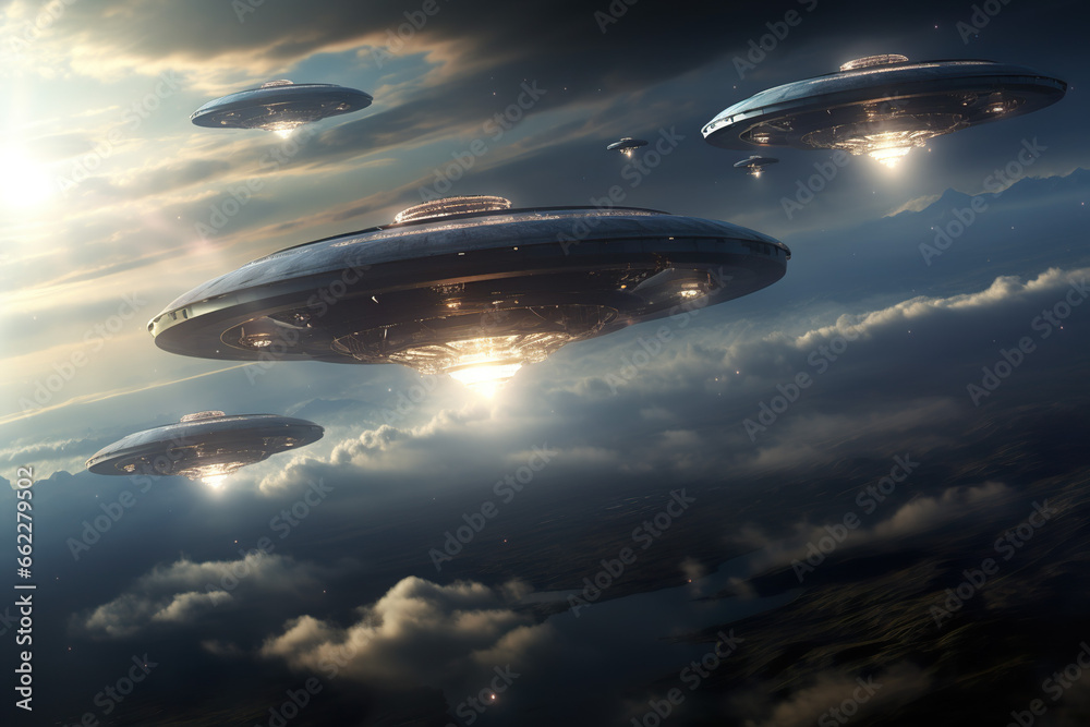 Fototapeta premium Huge UFOs, unidentified flying objects approaching, arrive on earth at night with Generative AI