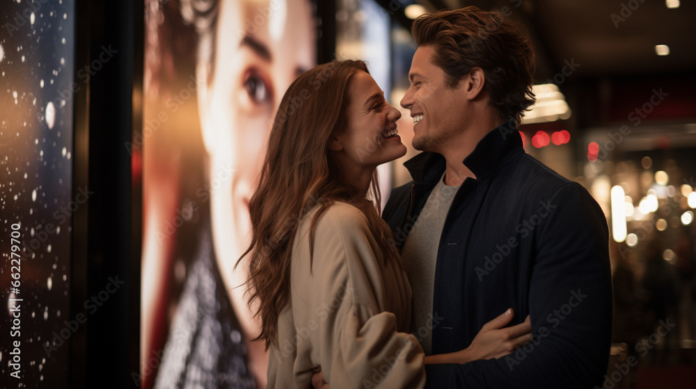 A couple smiling in front of a poster for a romantic movie, blurred background A couple smiling in front of a poster for a romantic movie, blurred background