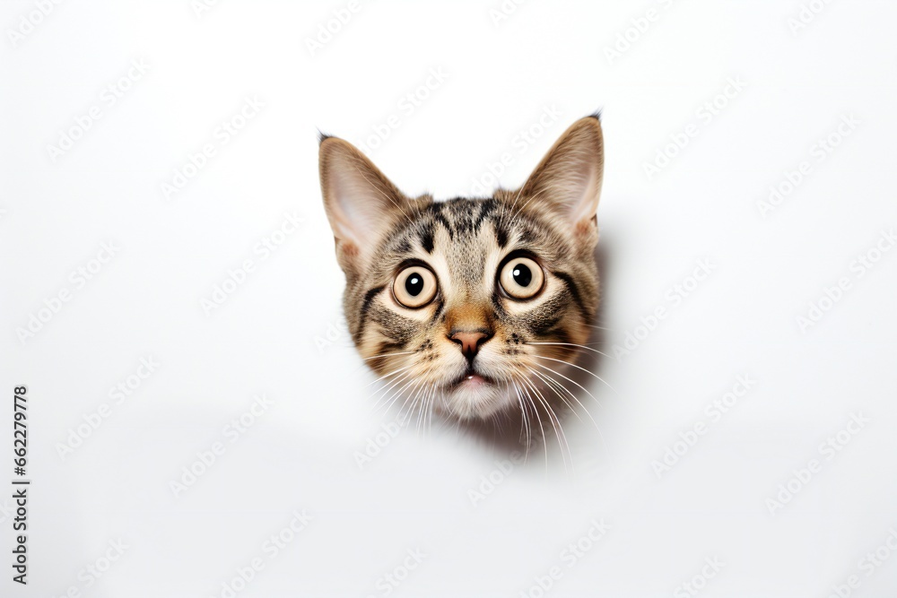 The cat head. Only surprised cat head on white background