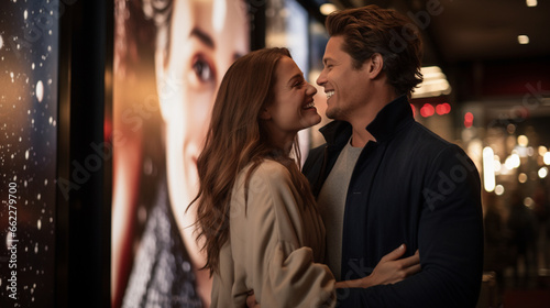 A couple smiling in front of a poster for a romantic movie, blurred background