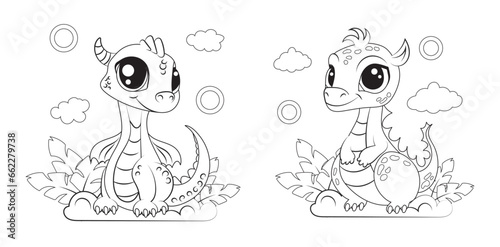 Hand-drawn cute baby dinosaur cartoon dino or baby dragon is sitting on leafy plant. Vector illustration for coloring book on white background. Drawing line contour.