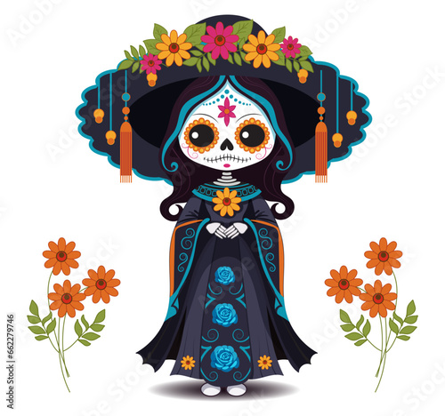 Vector illustration for the Mexican holiday Day of the Dead. Image cute dead girl in cartoon style in big Mexican sambrero hat with flowers.  Isolated design element on white background.