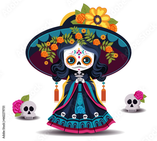 Vector illustration for the Mexican holiday Day of the Dead. Image cute dead girl in cartoon style in big Mexican sambrero hat with flowers.  Isolated design element on white background.