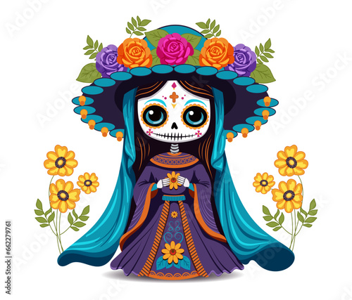 Vector illustration for the Mexican holiday Day of the Dead. Image cute dead girl in cartoon style in big Mexican sambrero hat with flowers.  Isolated design element on white background. photo