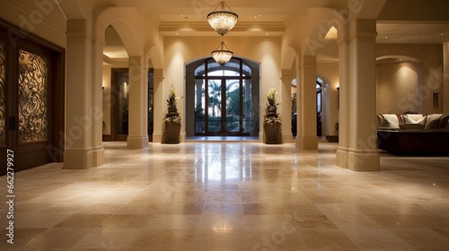 Tumbled travertine tiles in an opulent foyer