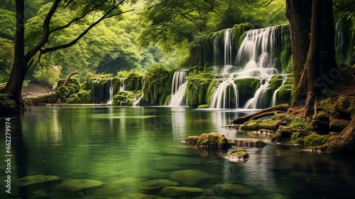 Twin waterfalls cascading into a serene pond.