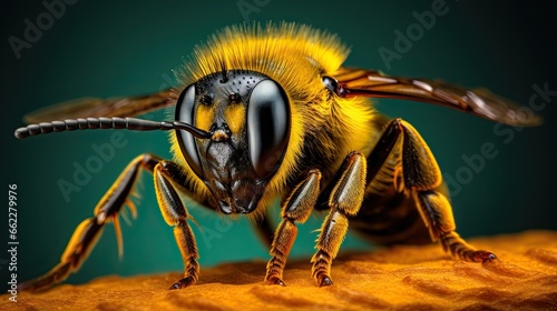  a close up of a bee on a piece of wood. generative ai