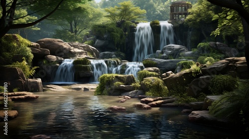 Twin waterfalls cascading into a serene pond.